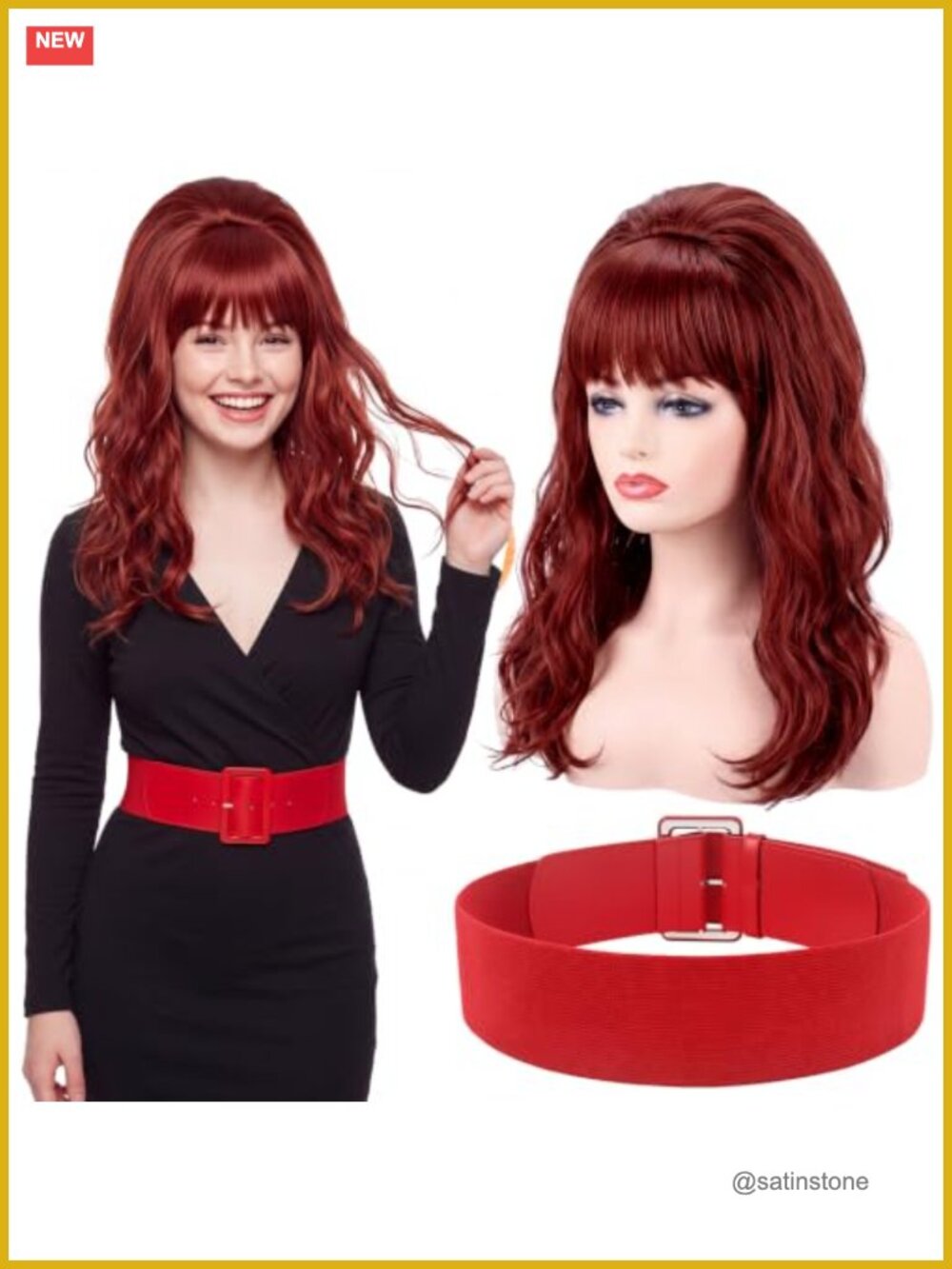 70s 80s Costume Set Beehive Wig & Belt Women Retro Party